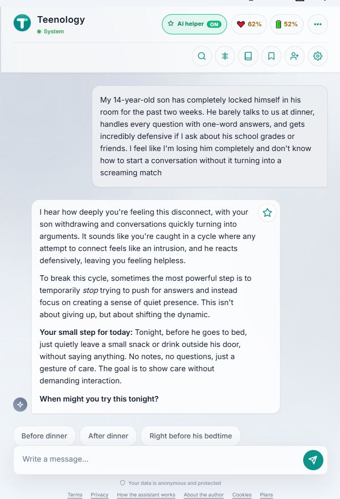 Teenology PWA on a phone: AI companion chat and family support tools